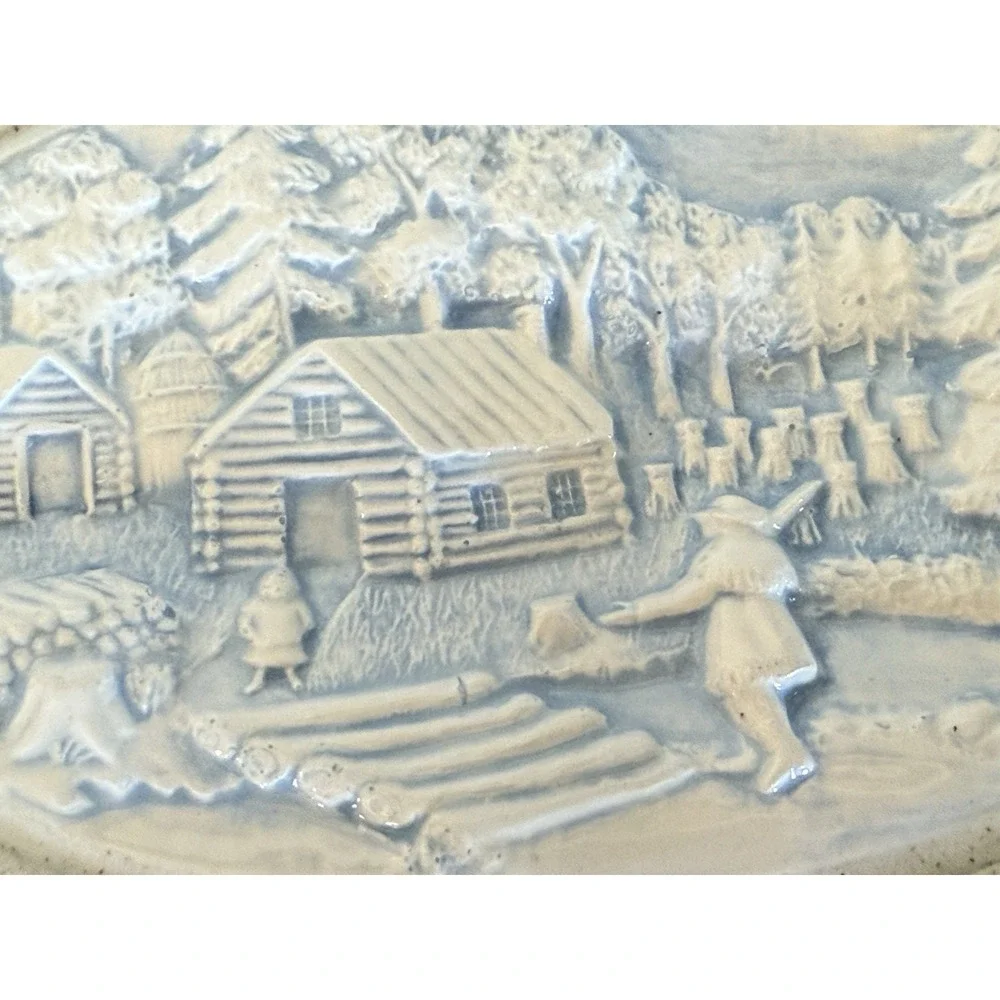 VTG Hershey Mold Trinket Box Jewelry Oval‎ Pioneers Log Cabin Ceramic 3D Signed